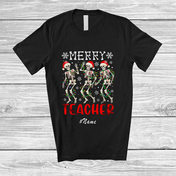 MacnyStore - Personalized Custom Name Merry Teacher; Joyful Christmas Lights Three Santa Dancing T-Shirt