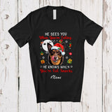 MacnyStore - Personalized Custom Name He Sees You Eating; Lovely Christmas Santa Australian Kelpie Owner T-Shirt