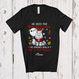 MacnyStore - Personalized Custom Name He Sees You When You're Eating; Lovely Christmas Santa Cat Owner T-Shirt