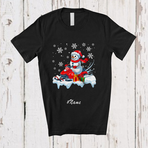 MacnyStore - Personalized Custom Name Santa Snowman Driving Snowmobile; Adorable Christmas Driver X-mas T-Shirt