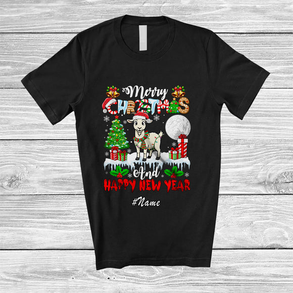 MacnyStore - Personalized Custom Name Merry Christmas Happy New Year; Lovely Santa Goat X-mas Tree Farmer T-Shirt