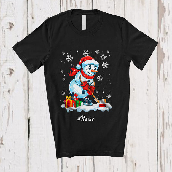 MacnyStore - Personalized Custom Name Santa Snowman Playing Ice Hockey; Adorable Christmas Sport Player T-Shirt