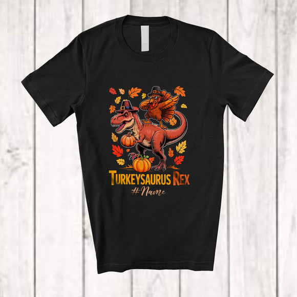 MacnyStore - Personalized Custom Name Turkeysaurus Rex; Joyful Thanksgiving Dabbing Turkey On T-Rex T-Shirt