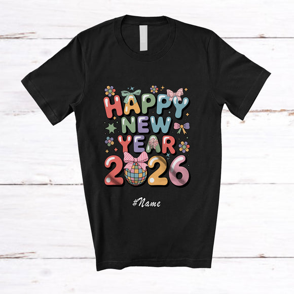 MacnyStore - Personalized Custom Name Happy New Year 2026; Joyful Reunion Bowtie Groovy Family Friends T-Shirt