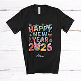 MacnyStore - Personalized Custom Name Happy New Year 2026; Joyful Reunion Bowtie Groovy Family Friends T-Shirt