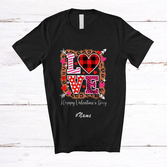 MacnyStore - Personalized Custom Name LOVE Happy Valentine's Day; Lovely Leopard Plaid Heart; Couple Family T-Shirt