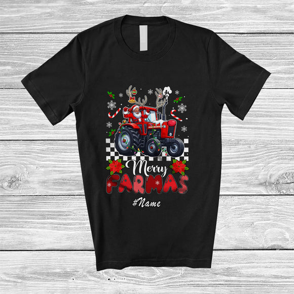 MacnyStore - Personalized Custom Name Merry Farmas; Joyful Christmas Santa Farmer Driving Tractor Reindeer T-Shirt