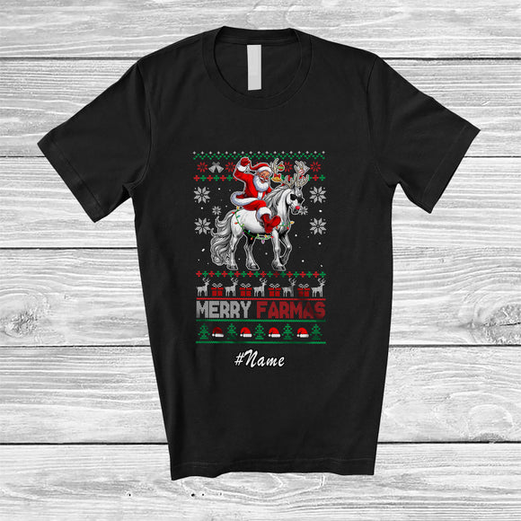 MacnyStore - Personalized Custom Name Merry Farmas; Joyful Christmas Sweater Santa Farmer Riding Horse T-Shirt