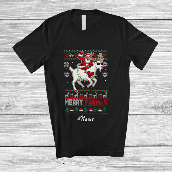 MacnyStore - Personalized Custom Name Merry Farmas; Joyful Christmas Sweater Santa Farmer Riding Goat Reindeer T-Shirt