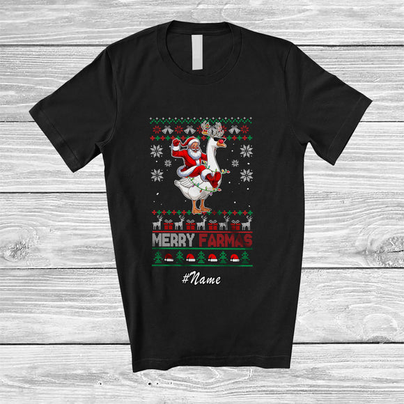 MacnyStore - Personalized Custom Name Merry Farmas; Joyful Christmas Sweater Santa Farmer Riding Goose T-Shirt