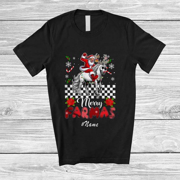 MacnyStore - Personalized Custom Name Merry Farmas; Joyful Christmas Santa Farmer Riding Horse Reindeer T-Shirt