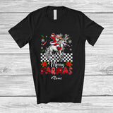 MacnyStore - Personalized Custom Name Merry Farmas; Joyful Christmas Santa Farmer Riding Horse Reindeer T-Shirt