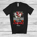 MacnyStore - Personalized Custom Name Merry Farmas; Joyful Christmas Santa Farmer Riding Chicken Reindeer T-Shirt