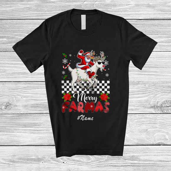 MacnyStore - Personalized Custom Name Merry Farmas; Joyful Christmas Santa Farmer Riding Goat Reindeer T-Shirt