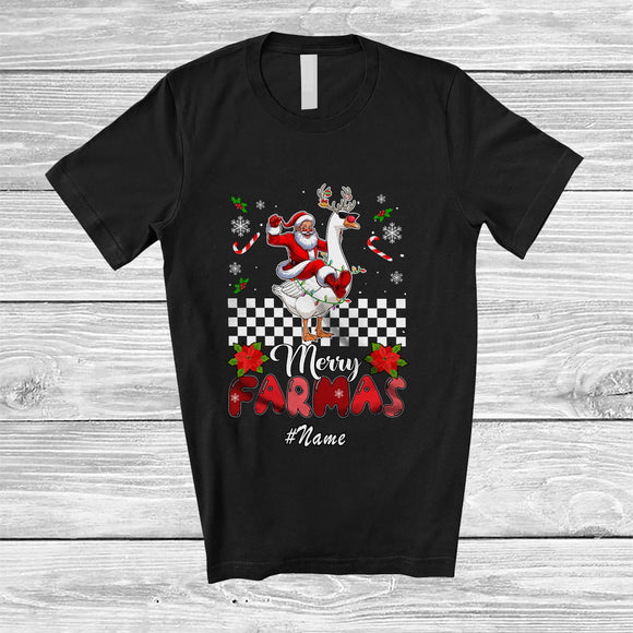 MacnyStore - Personalized Custom Name Merry Farmas; Joyful Christmas Santa Farmer Riding Goose Reindeer T-Shirt