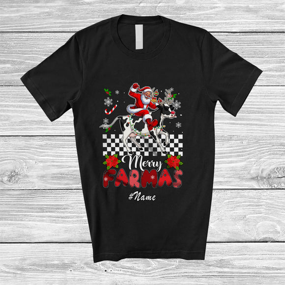 MacnyStore - Personalized Custom Name Merry Farmas; Joyful Christmas Santa Farmer Riding Cow Reindeer T-Shirt