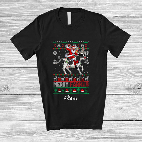 MacnyStore - Personalized Custom Name Merry Farmas; Joyful Christmas Sweater Santa Farmer Riding Cow Reindeer T-Shirt