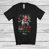 MacnyStore - Personalized Custom Name Merry Farmas; Joyful Christmas Sweater Santa Farmer Riding Cow Reindeer T-Shirt