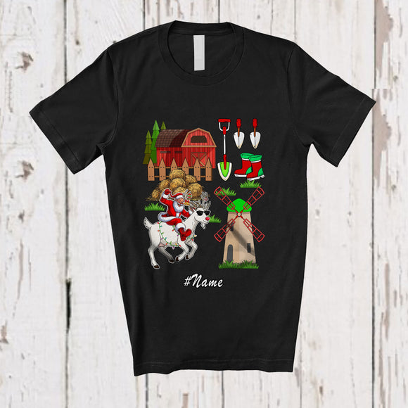MacnyStore - Personalized Custom Name Santa Farmer Riding Goat Reindeer; Humorous Christmas Farming T-Shirt
