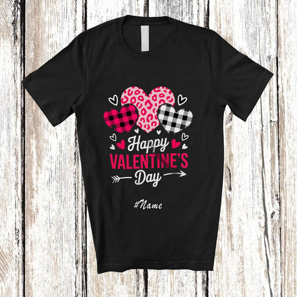 MacnyStore - Personalized Custom Name Happy Valentine's Day; Lovely Three Pink Plaid Leopard Hearts; Couple T-Shirt