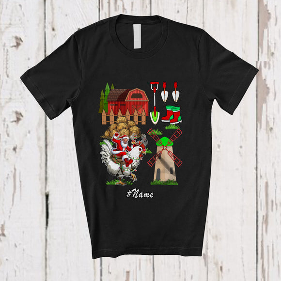 MacnyStore - Personalized Custom Name Santa Farmer Riding Chicken Reindeer; Humorous Christmas Farming T-Shirt