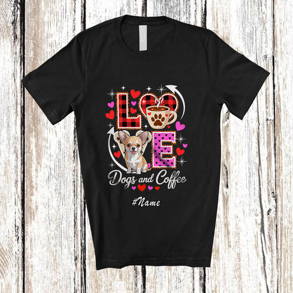 MacnyStore - Personalized Custom Name LOVE Dog And Coffee; Lovely Valentine's Day Plaid Heart Chihuahua T-Shirt