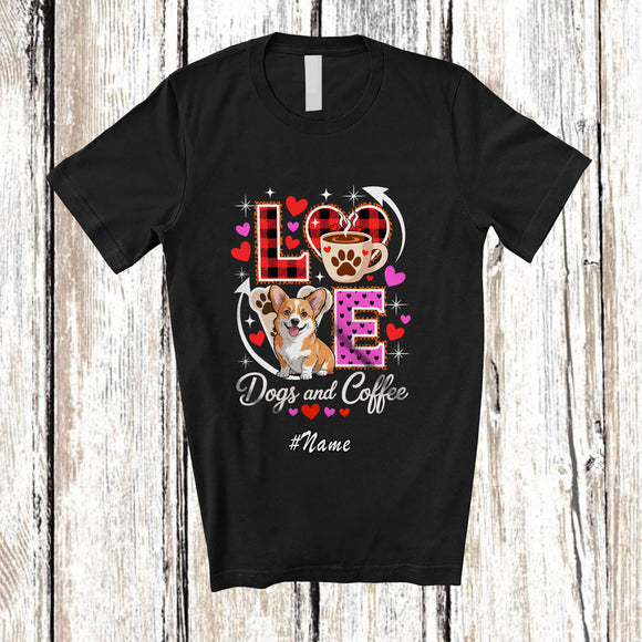 MacnyStore - Personalized Custom Name LOVE Dog And Coffee; Lovely Valentine's Day Plaid Heart Corgi T-Shirt