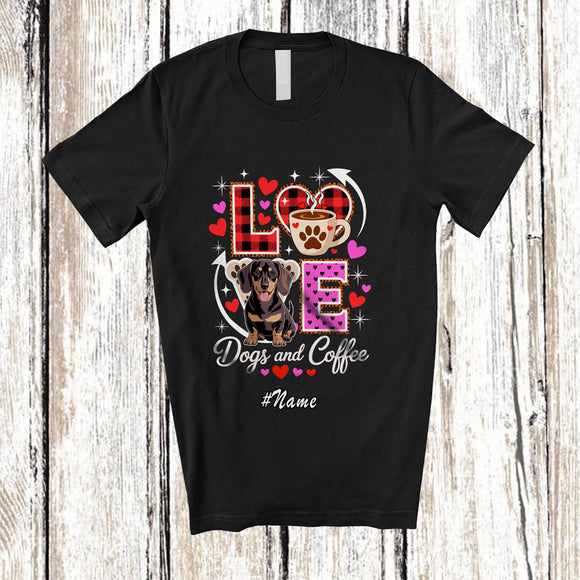 MacnyStore - Personalized Custom Name LOVE Dog And Coffee; Lovely Valentine's Day Plaid Heart Dachshund T-Shirt