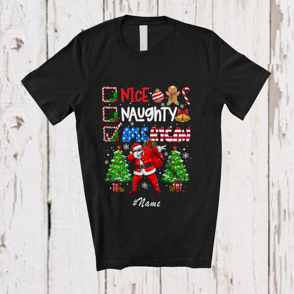 MacnyStore - Personalized Custom Name Nice Naughty American; Joyful Christmas Trees Dabbing Santa Country T-Shirt