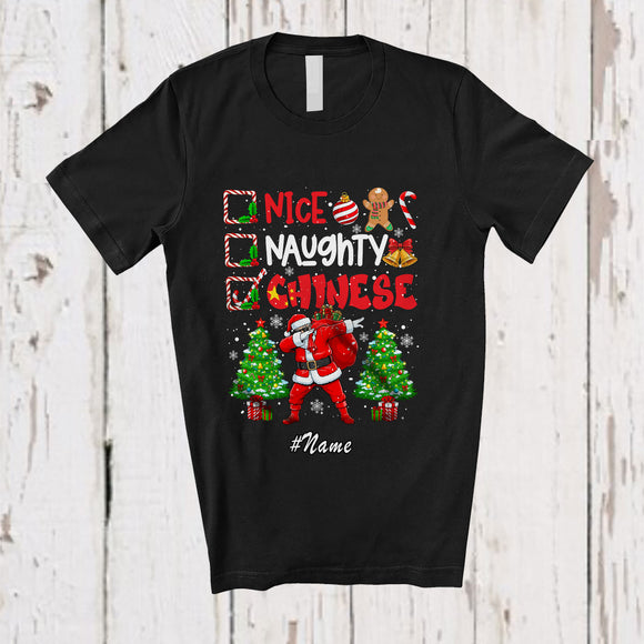 MacnyStore - Personalized Custom Name Nice Naughty Chinese; Joyful Christmas Trees Dabbing Santa Country T-Shirt