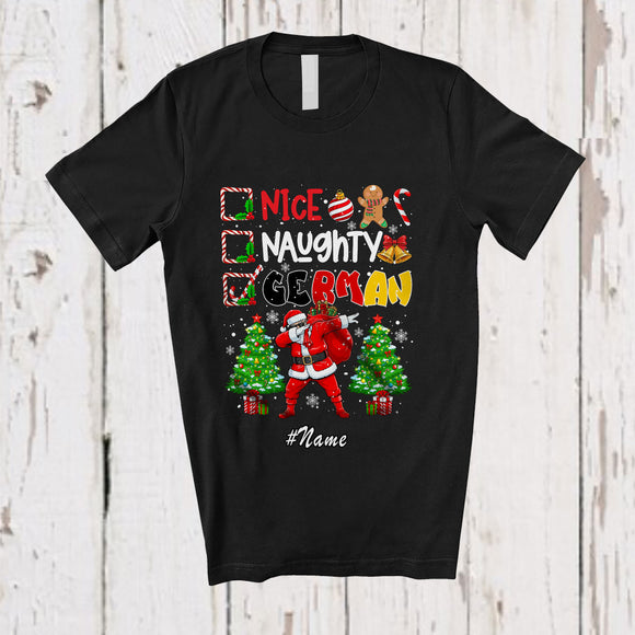MacnyStore - Personalized Custom Name Nice Naughty German; Joyful Christmas Trees Dabbing Santa Country T-Shirt
