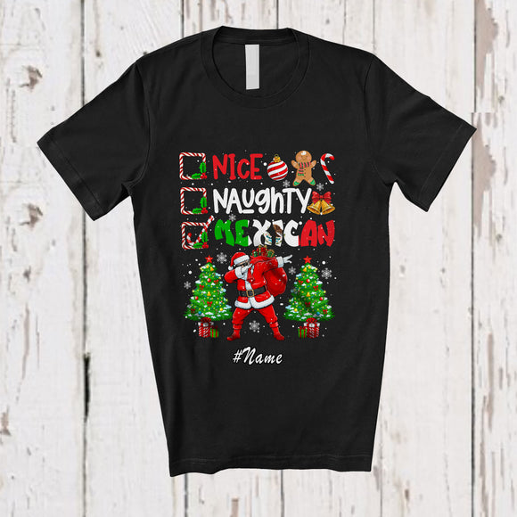 MacnyStore - Personalized Custom Name Nice Naughty Mexican; Joyful Christmas Trees Dabbing Santa Country T-Shirt