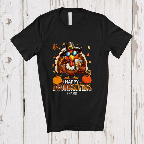MacnyStore - Personalized Custom Name Happy Drunkgiving; Joyful Plaid Thanksgiving Turkey Drinking Whiskey T-Shirt