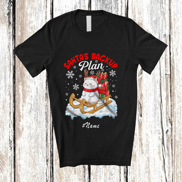 MacnyStore - Personalized Custom Name Santa's Backup Plan; Lovely Christmas Santa Sleigh Reindeer Cat T-Shirt