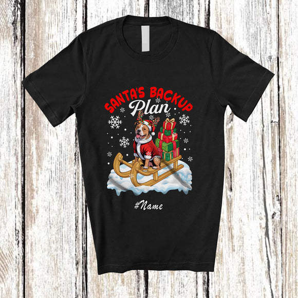 MacnyStore - Personalized Custom Name Santa's Backup Plan; Lovely Christmas Santa Sleigh Reindeer Pit Bull T-Shirt