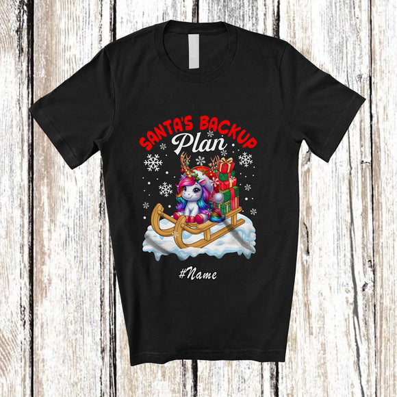 MacnyStore - Personalized Custom Name Santa's Backup Plan; Lovely Christmas Santa Sleigh Reindeer Unicorn T-Shirt