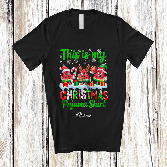 MacnyStore - Personalized Custom Name My Christmas Pajama Shirt; Humorous Three Watermelon X-mas Fruit T-Shirt