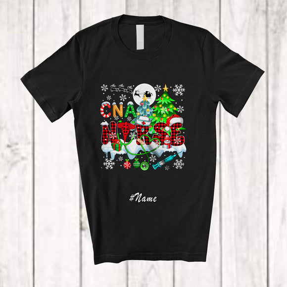MacnyStore - Personalized Custom Name CNA Nurse; Fantastic Christmas Tree Plaid Stethoscope Nursing T-Shirt