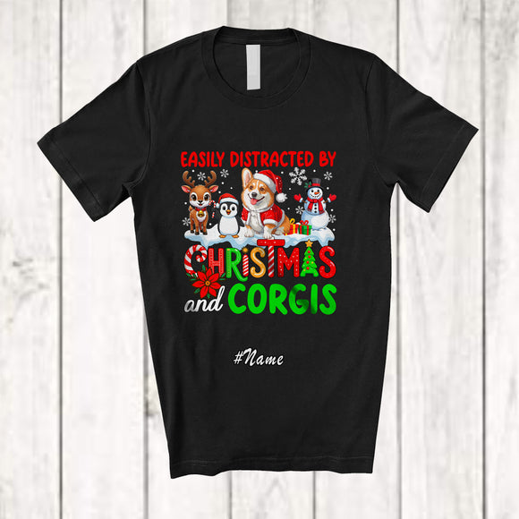 MacnyStore - Personalized Custom Name Distracted By Christmas Corgis; Lovely Snowman Penguin Reindeer T-Shirt