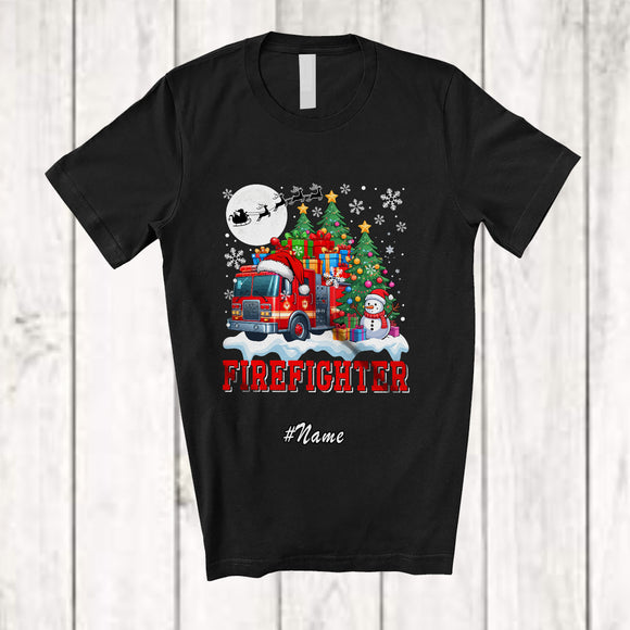 MacnyStore - Personalized Custom Name Firefighter With Christmas Tree Snowman; Awesome X-mas Jobs Proud T-Shirt