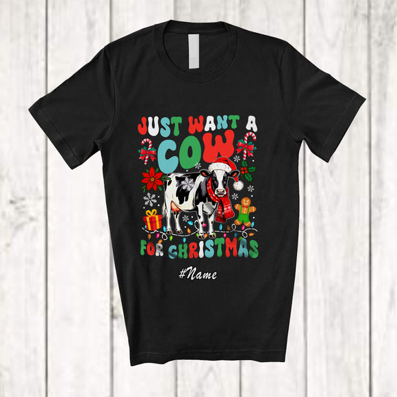 MacnyStore - Personalized Custom Name Just Want A Cow For Christmas; Lovely Santa Cow Farmer Family T-Shirt