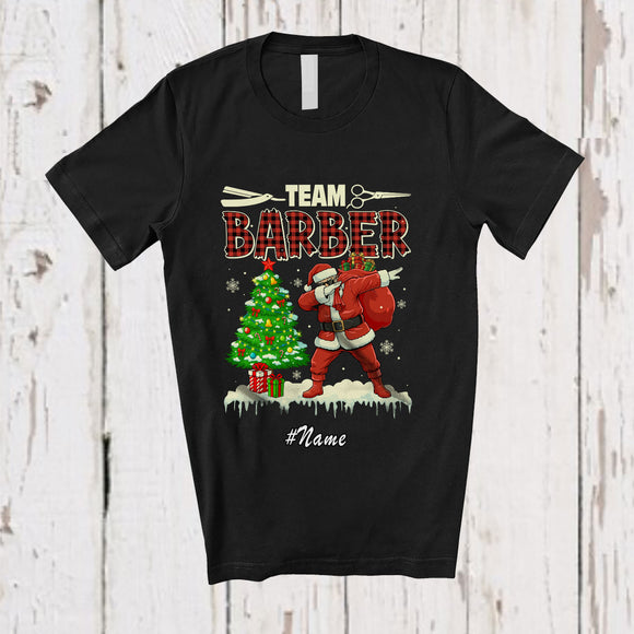 MacnyStore - Personalized Custom Name Team Barber; Cheerful Christmas Tree Red Plaid Dabbing Santa Group T-Shirt