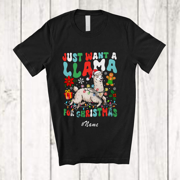 MacnyStore - Personalized Custom Name Just Want A Llama For Christmas; Lovely Santa Llama Farmer Family T-Shirt