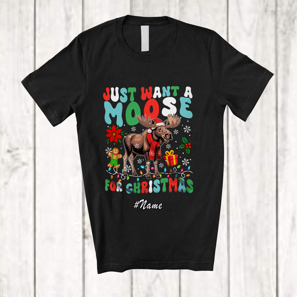 MacnyStore - Personalized Custom Name Just Want A Moose For Christmas; Lovely Santa Moose Family Group T-Shirt
