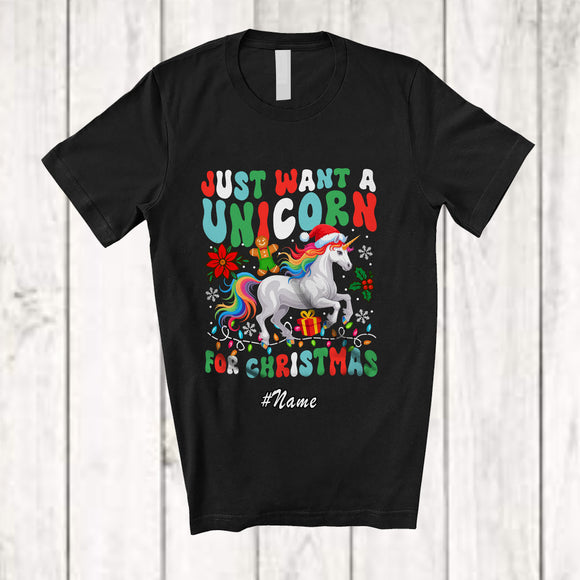 MacnyStore - Personalized Custom Name Just Want A Unicorn For Christmas; Lovely Santa Unicorn Magical T-Shirt