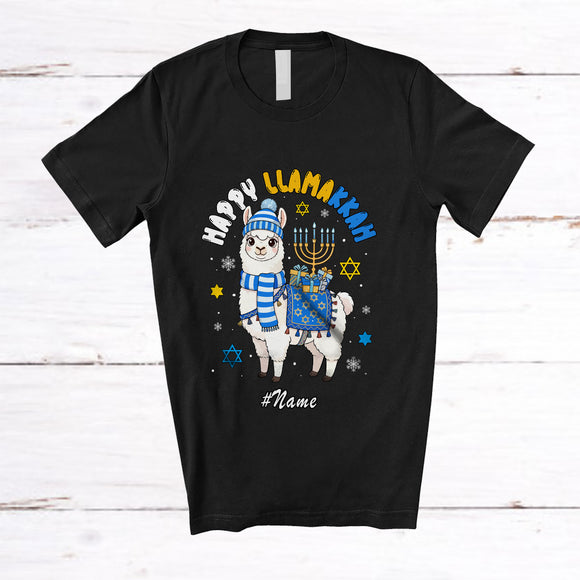 MacnyStore - Personalized Custom Name Happy Llamakkah; Adorable Hanukkah Lights On Llama T-Shirt