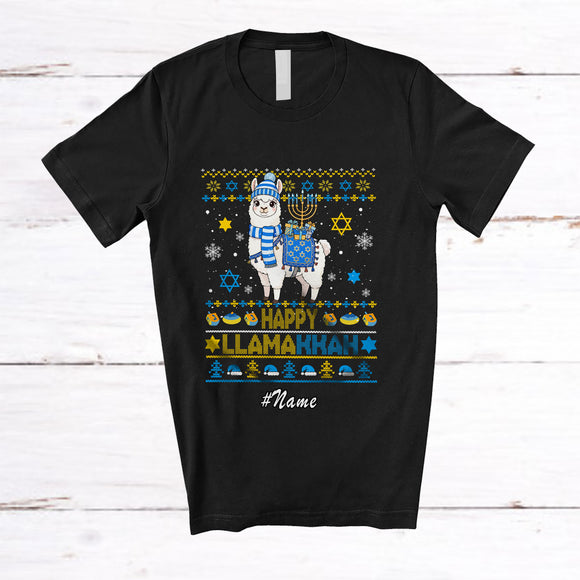 MacnyStore - Personalized Custom Name Happy Llamakkah; Adorable Hanukkah Lights On Llama Sweater T-Shirt