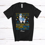 MacnyStore - Personalized Custom Name Happy Llamakkah; Adorable Hanukkah Lights On Llama Sweater T-Shirt