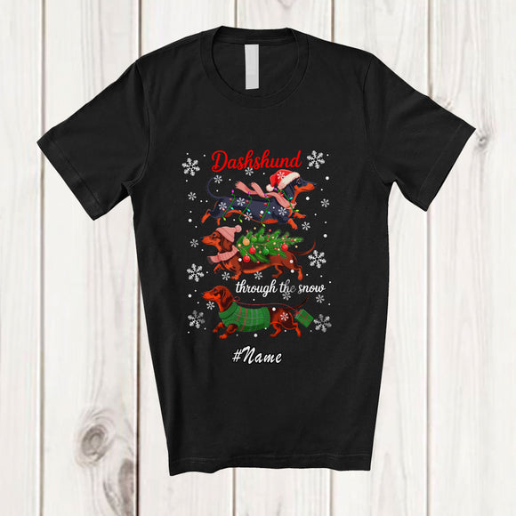MacnyStore - Personalized Custom Name Dachshund Through Snow; Lovely Christmas Santa Tree Family T-Shirt