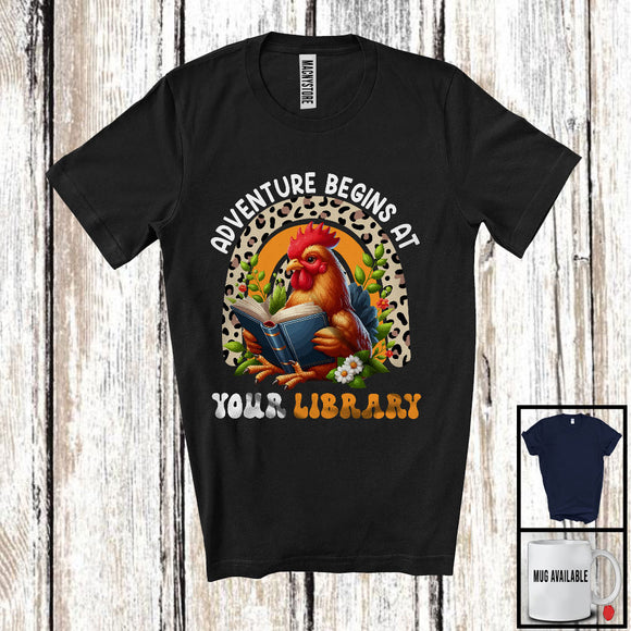 MacnyStore - Adventure Begins At Your Library, Adorable Chicken Reading Book, Summer Leopard Rainbow T-Shirt